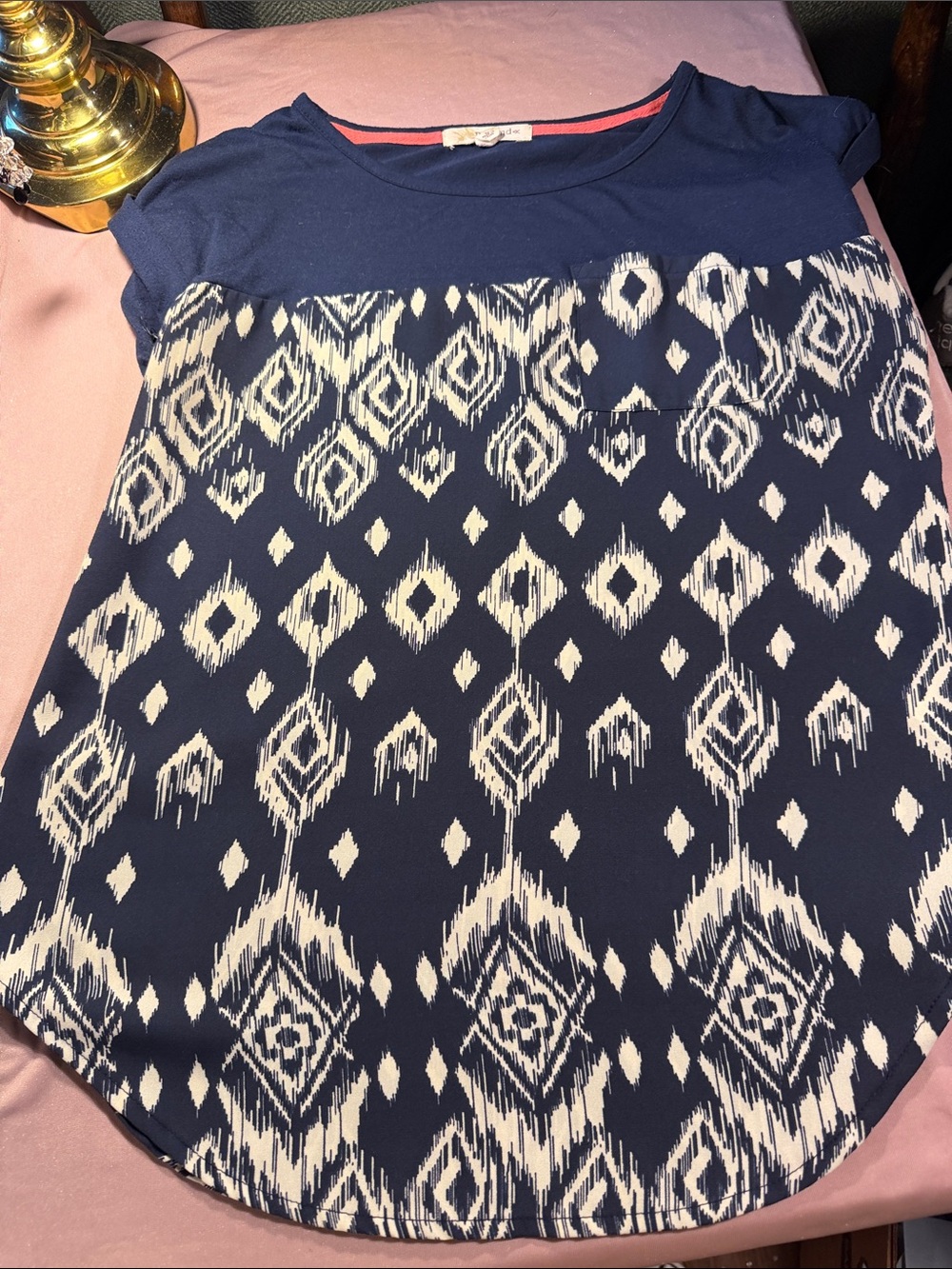 Rewind Navy and White Geometric Short Sleeve Top